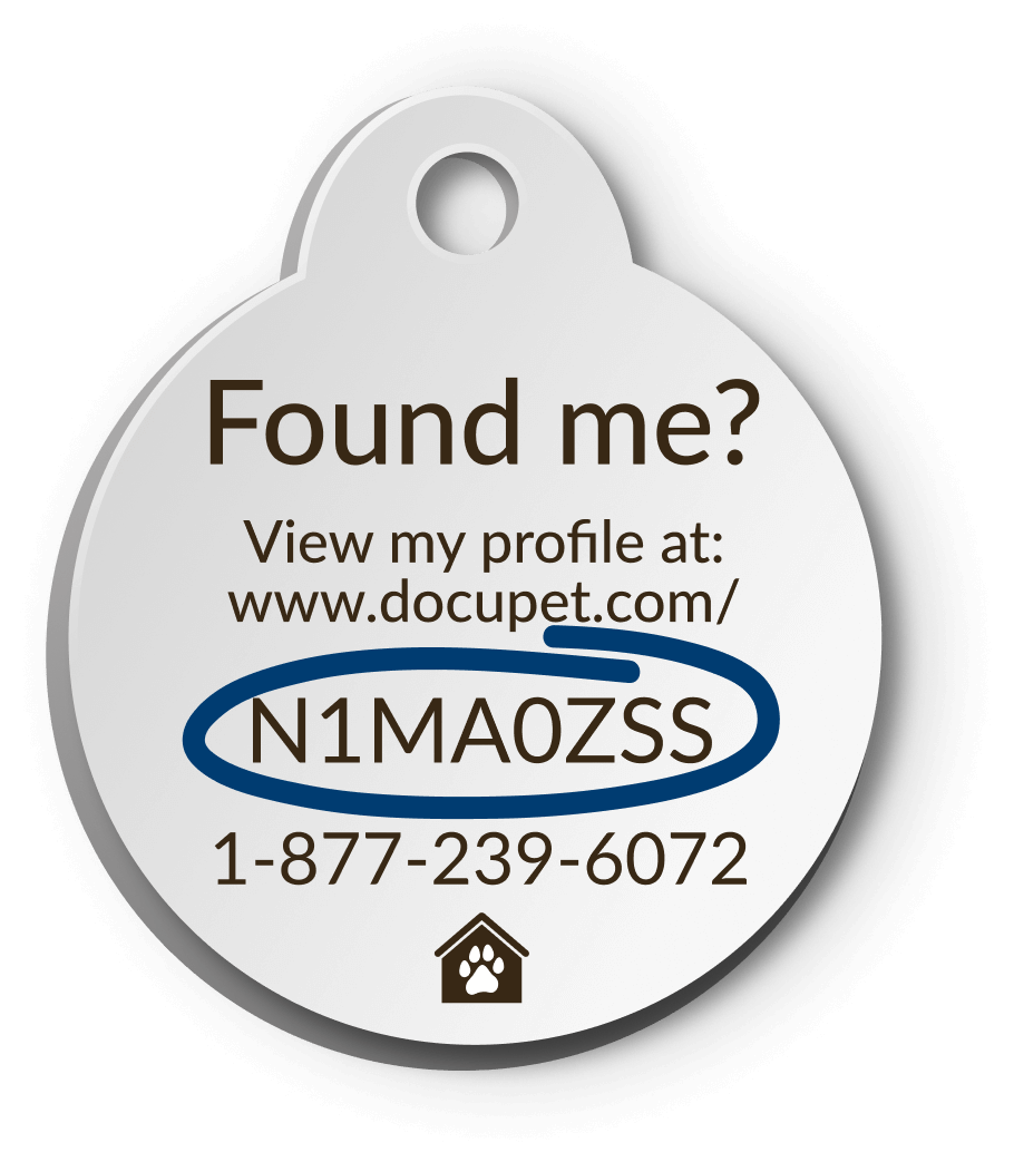 Home<em>Safe</em><sup>&reg;</sup> Pet Tag ID containing the address and phone number to report the pet as well as the ID number of the pet